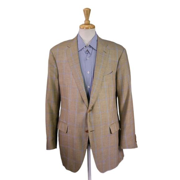 Faconnable by R. Caruso Lt Brown w/ Sky Blue Windowpane Wool-Silk Sportcoat 48L - Picture 1 of 12